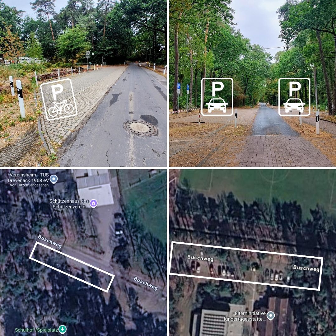 Eine Collage, die vier Bilder zeigt, auf denen die Lage von Rad- und Auto-Parkplätzen am Buschweg zu sehen sind. 